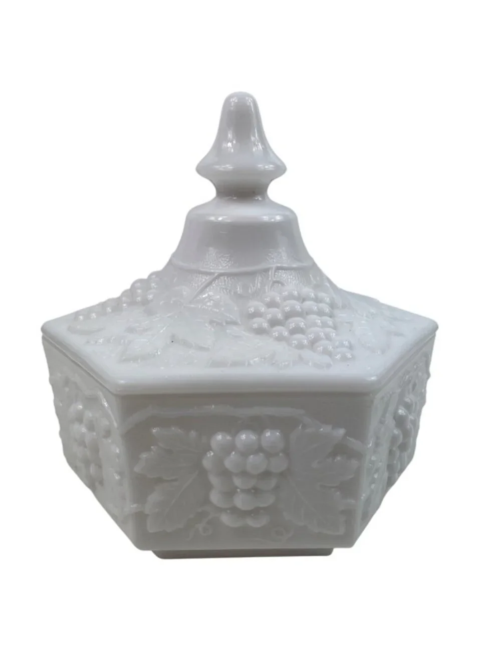 Vintage Imperial Milk Glass 6 Paneled Candy Dish Grapevine Design w/ Lid